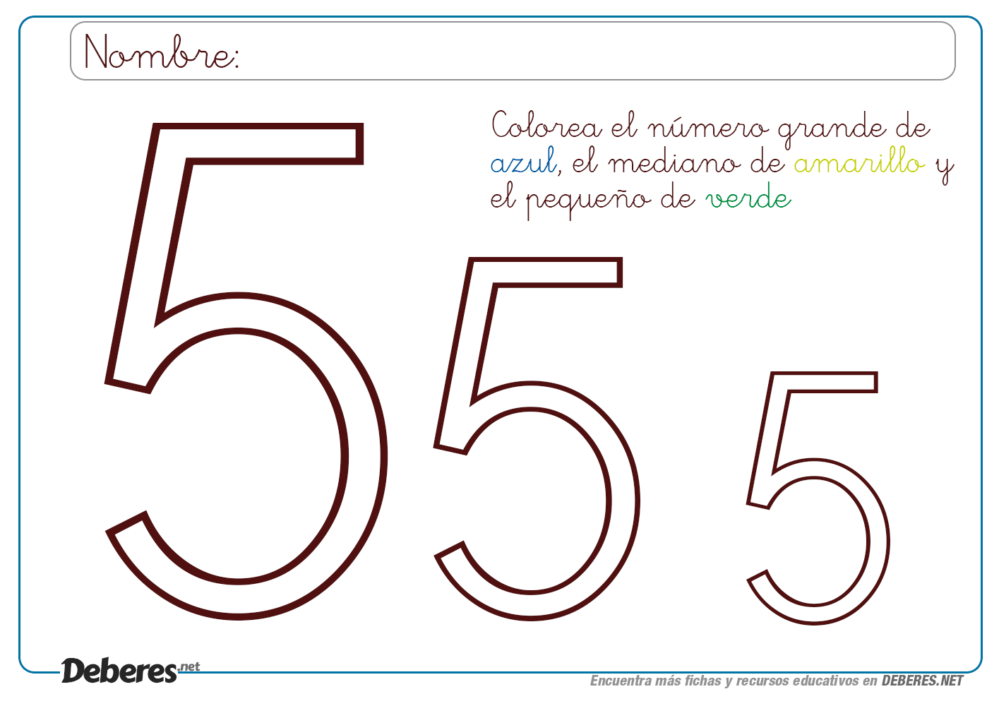 Ficha del número 5 para colorear - Fichas del cinco