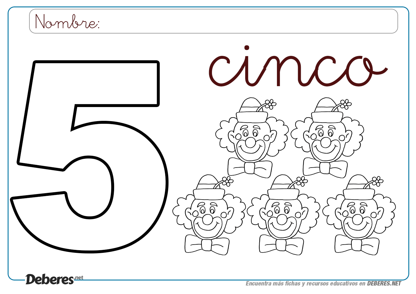 Ficha del número cinco para imprimir y colorear
