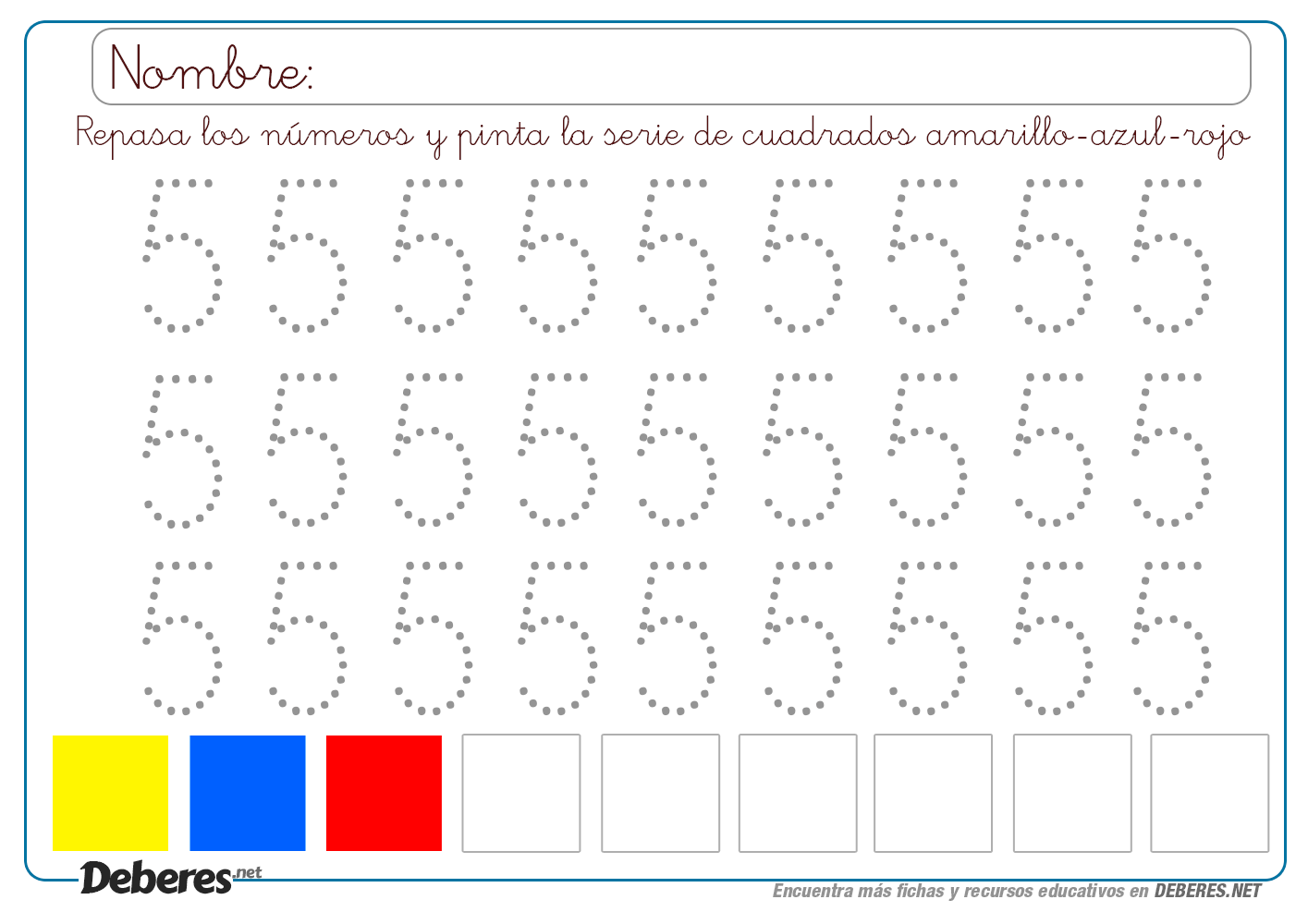 Ficha para repasar el numero 5 (CINCO) con puntitos