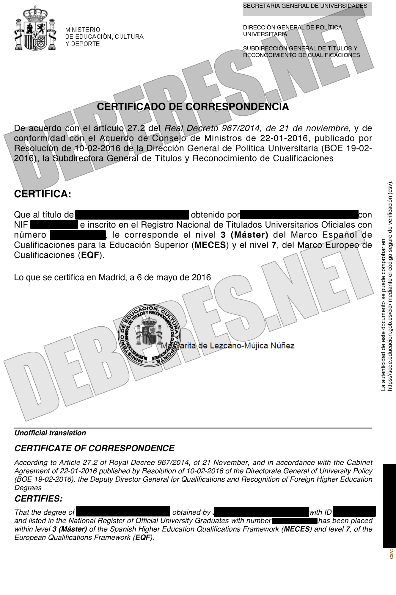 CERTIFICADO DE CORRESPONDENCIA entre Títulos Universitarios Oficiales